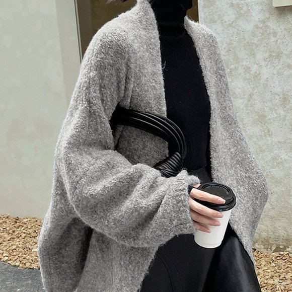 Grey Casual Womens Solid Open Front Batwing Sleeve Cardigan - Picture 3 of 4